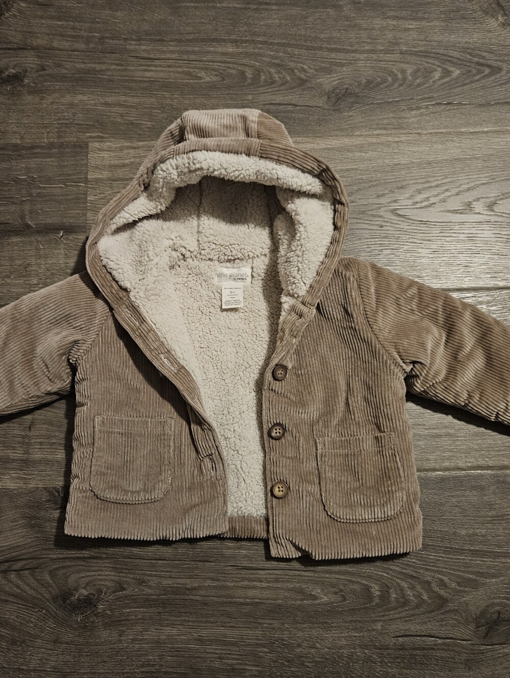 Baby's Hooded Corduroy Jacket with Sherpa Lining - Taupe